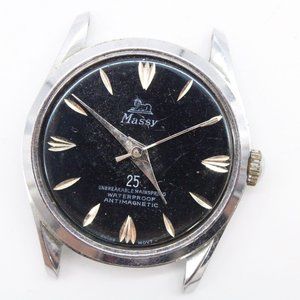Vintage Massy Watch Mens Silver Tone Stainless Steel Black Dial Swiss Movt